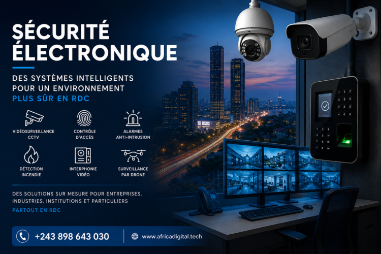 AFRICA DIGITAL COMMS installe des systèmes de sécurité électronique en RDC : vidéosurveillance, contrôle d'accès, alarmes et protection incendie.